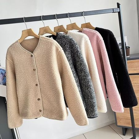 Women Polar Fleece Crew Neck Cardigan Single Breasted Long Sleeve Warm Jacket