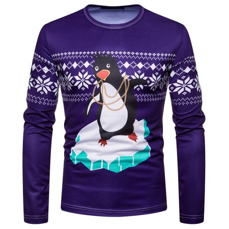 New 3D Personality Printing Fashion Men's Christmas Penguin Long-Sleeved T-Shirt